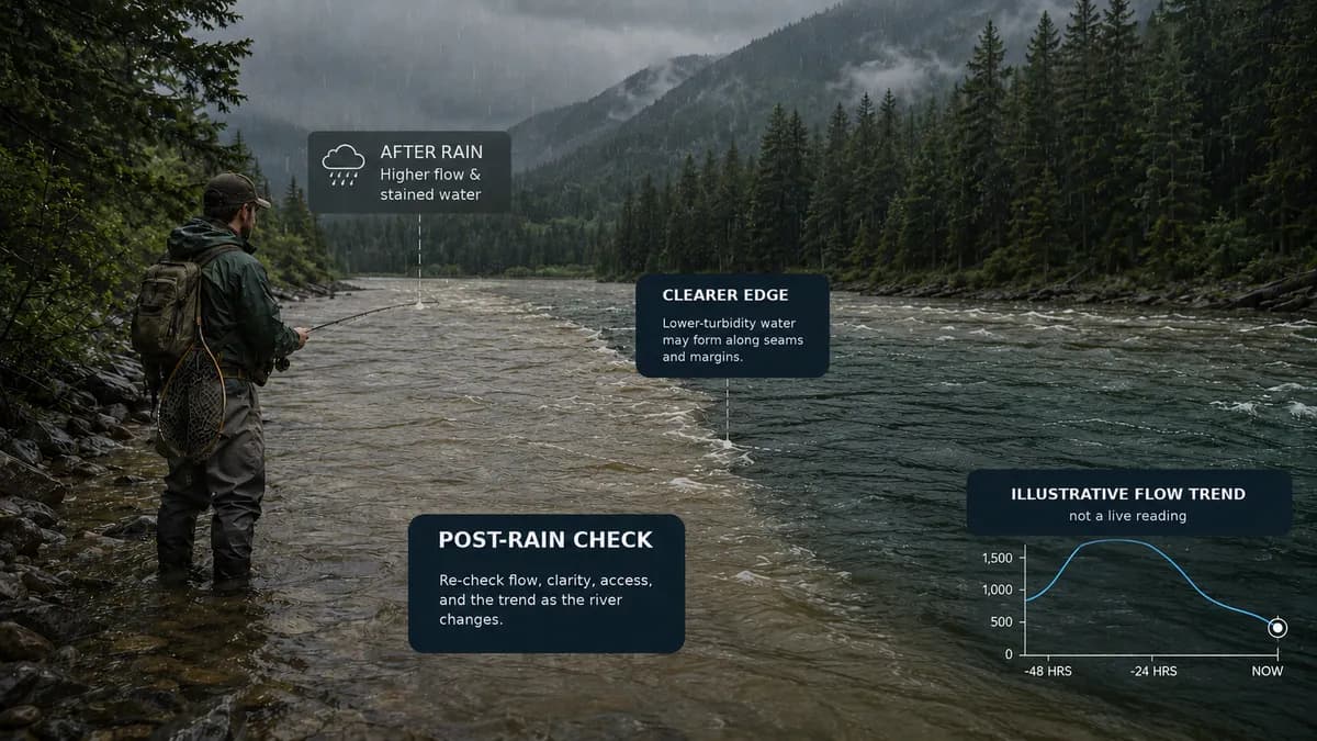 Stained post-rain river meeting a clearer edge, with the clearer-edge callout pointing to the transition and an illustrative receding flow trend.