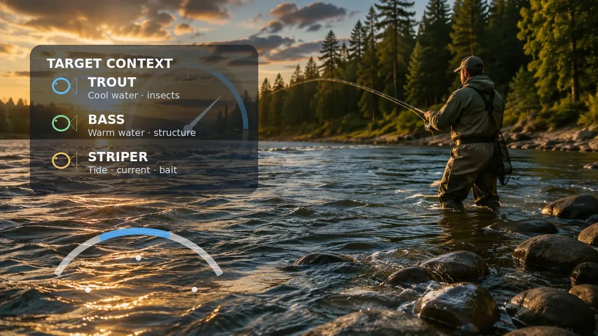 Angler at golden hour with a target-context panel listing trout, bass, and striper beside a window gauge.