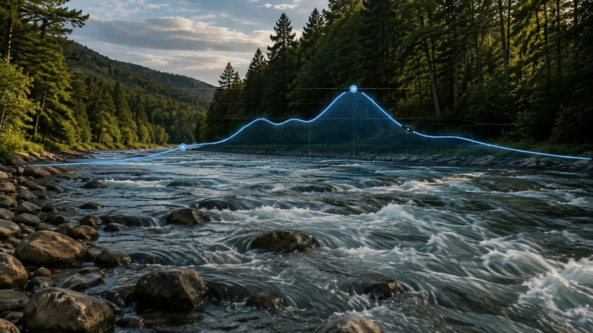 Rushing mountain river with a glowing hydrograph line overlaid across the current and marked flow nodes.