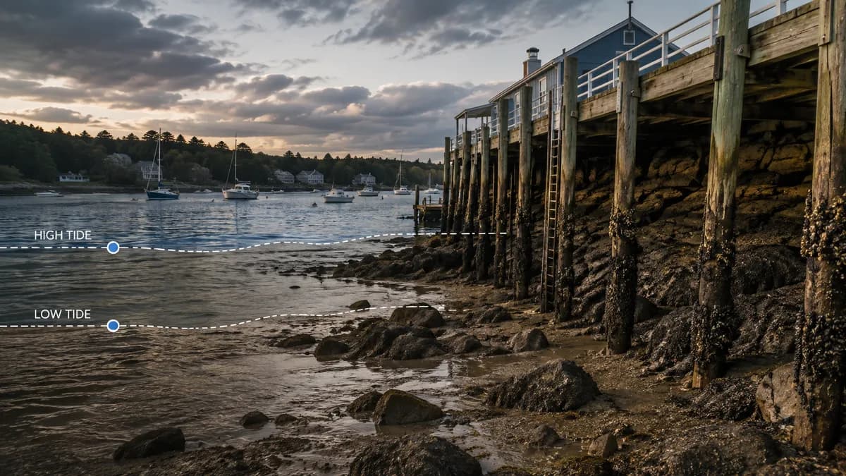 Coastal harbor at low water with high-tide and low-tide marks drawn against pilings and the exposed rocky shore.