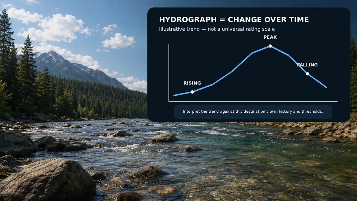 Mountain river with an illustrative hydrograph showing rising, peak, and falling flow without universal rating bands.