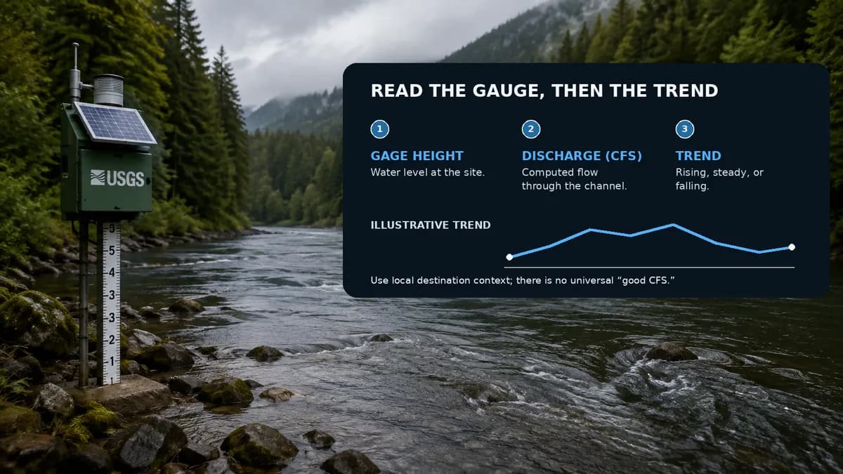 USGS streamgage beside a river with neutral callouts for gage height, discharge, and rising or falling trend.