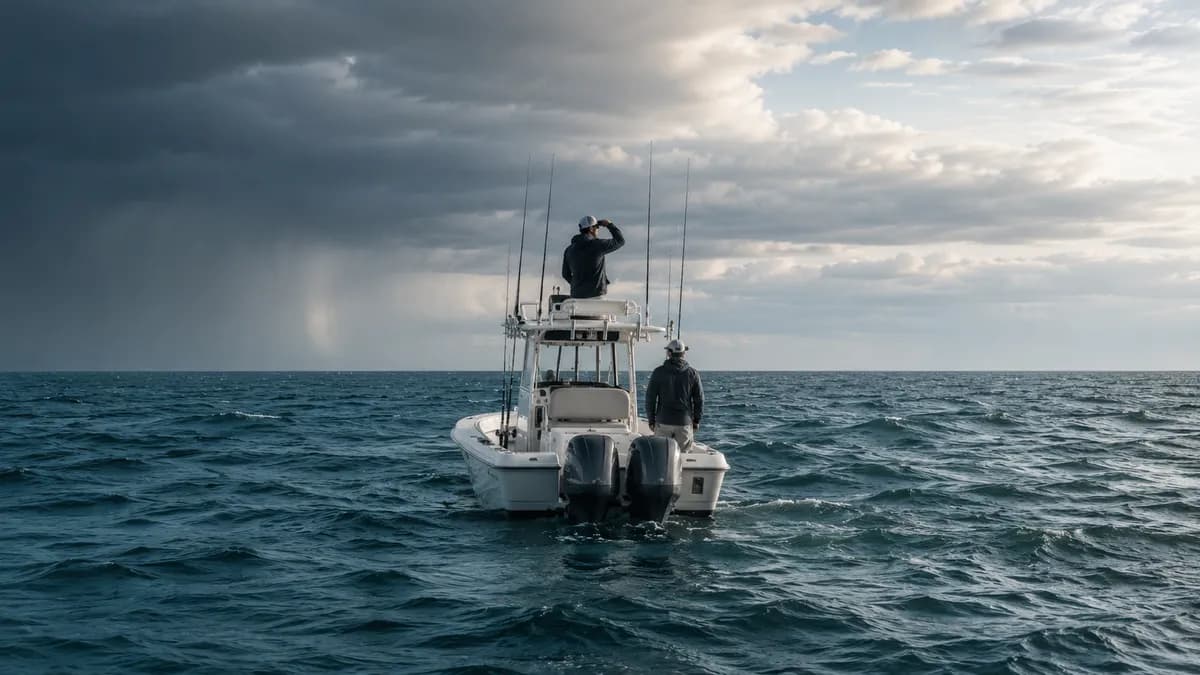 Offshore fishing boat on choppy open water as two anglers watch the horizon beneath changing marine weather.