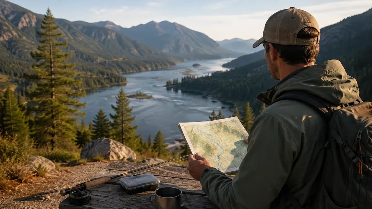 Angler studying a topographic map at a wooden overlook above a forested river valley.