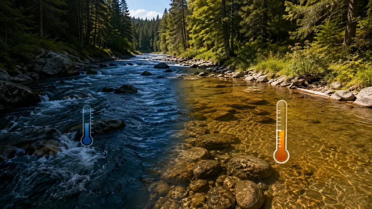 Trout stream split between cool blue water with a low thermometer and sunlit warm water with a higher thermometer.