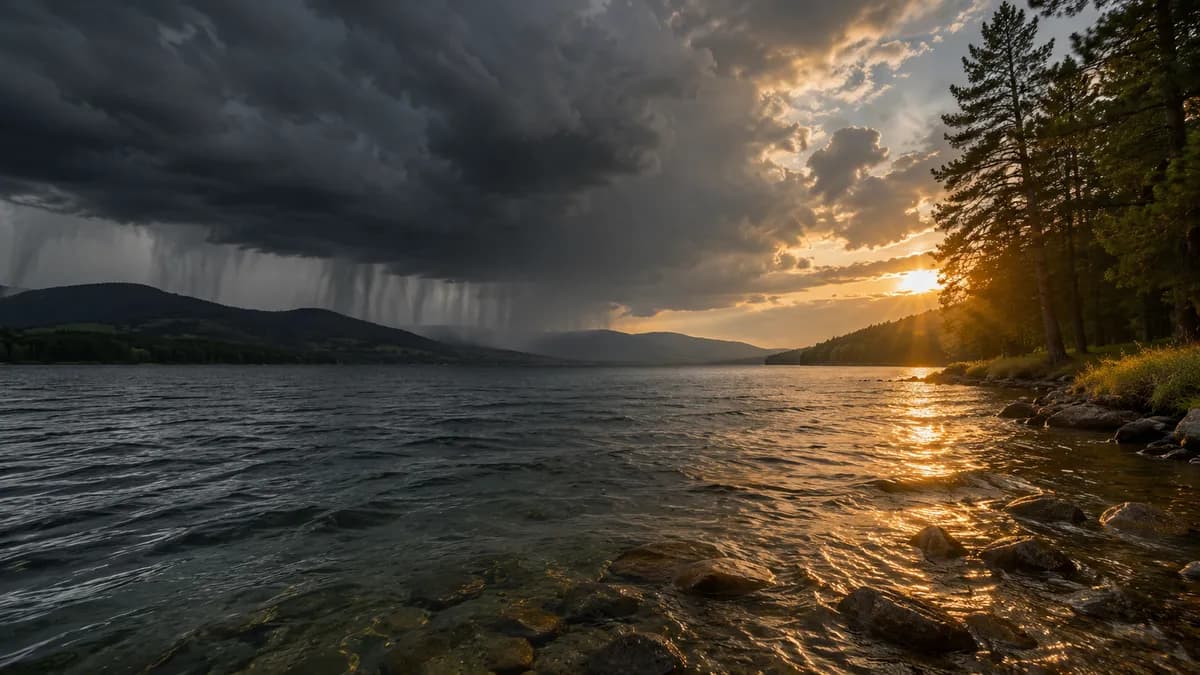 Mountain lake where a dark rain curtain on one side meets golden sunset light on the other.