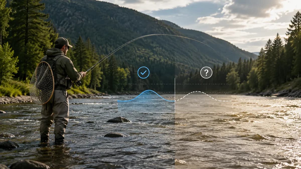 Fly angler standing in a mountain river with a split overlay: a solid monitored hydrograph beside a dashed estimated line.