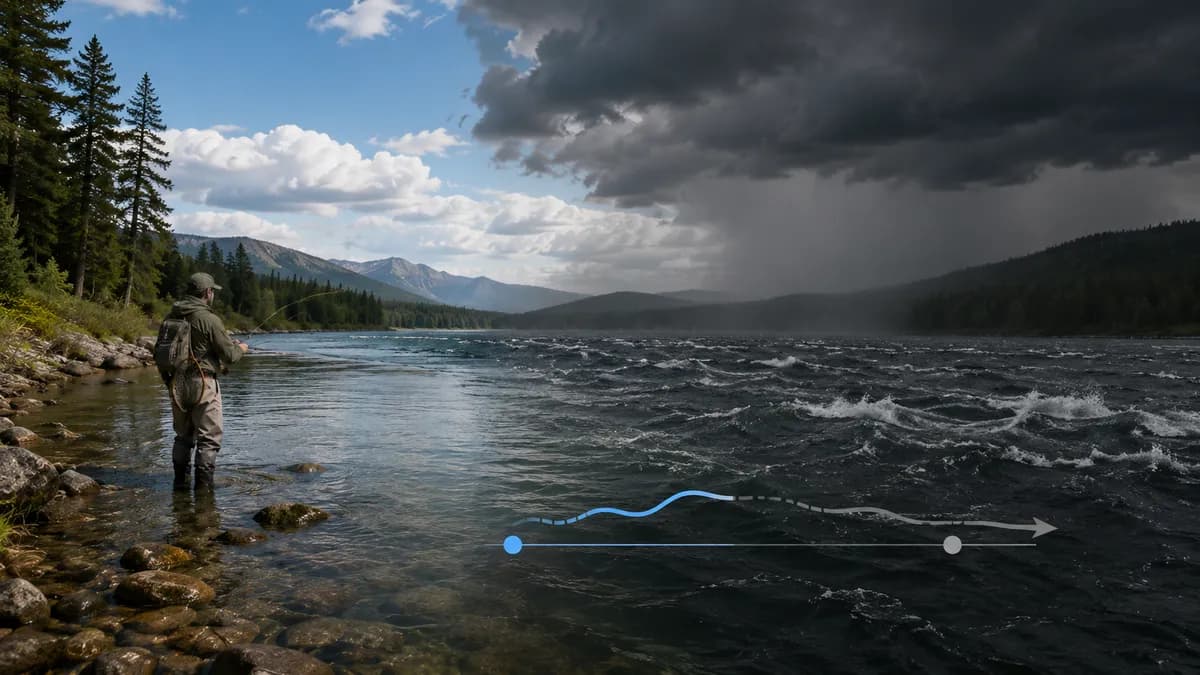 River scene split between fair weather and an approaching storm, with a simple trend graph across the water.