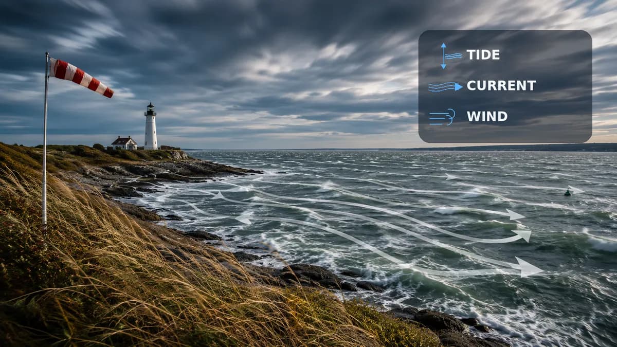 Windy lighthouse coast with a windsock, current arrows, and a legend distinguishing tide, current, and wind.