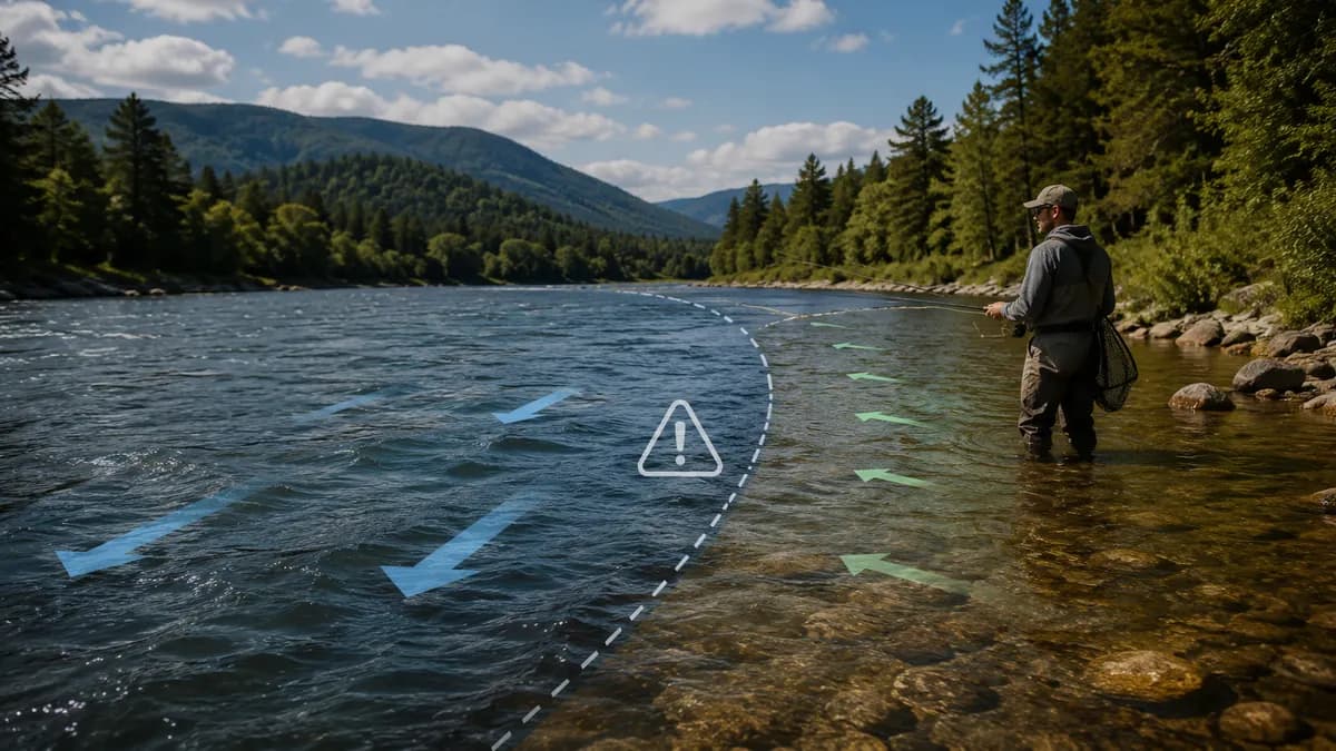 Angler standing in a river eddy beside a dashed line and current arrows marking faster main flow.