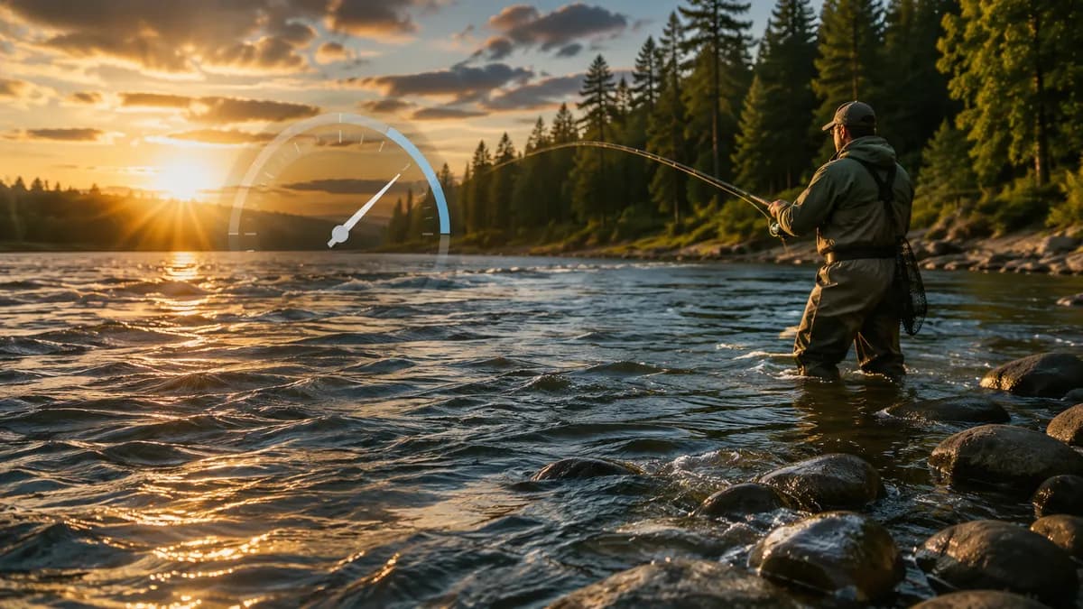 Angler hooked up in a river at golden hour with a translucent condition gauge over the water.