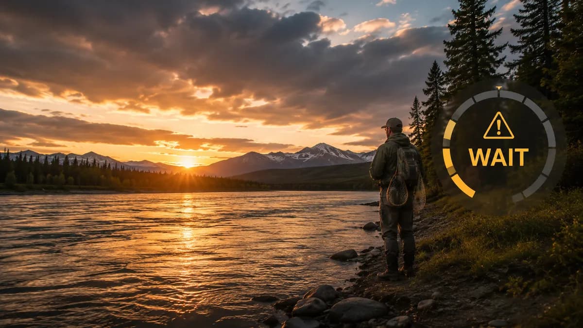 Angler watching a sunset river beside a yellow WAIT warning dial.