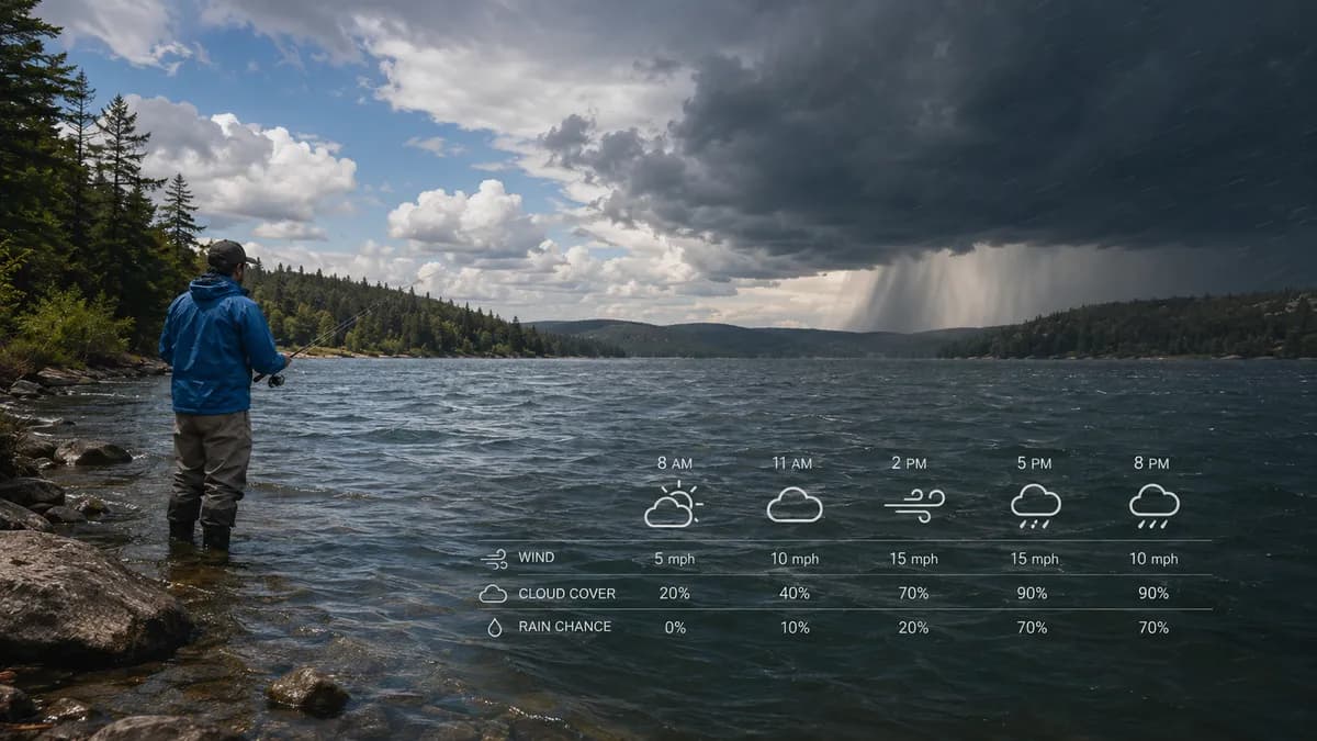 Lakeshore angler under mixed sky with a compact wind, cloud-cover, and rain-chance table over the water.