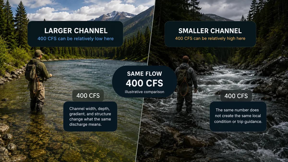 A wider river and a narrower river both labeled 400 CFS, illustrating that identical discharge can imply different local conditions.