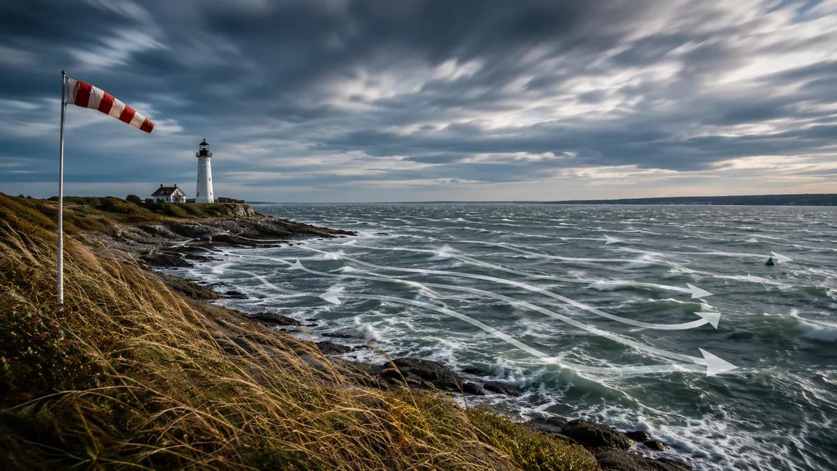 Stormy lighthouse coast with a red-and-white windsock and wind arrows over choppy water.